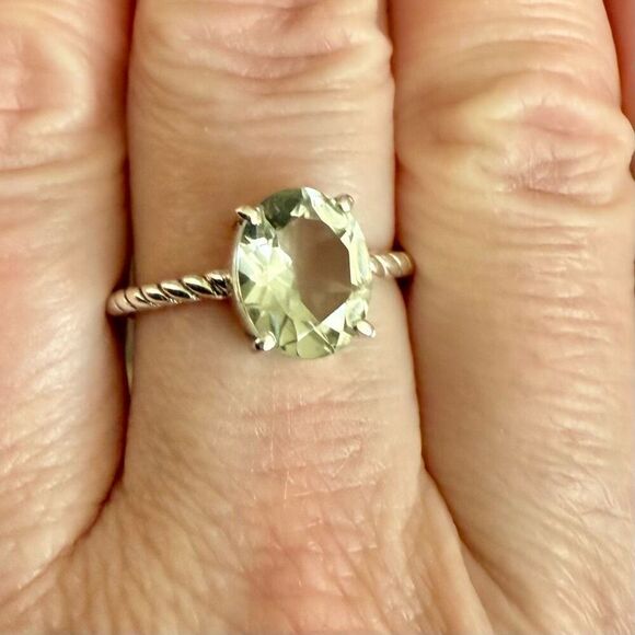 Natural Faceted Oval Green Amethyst Sterling Silver Twisted Ring Size 7 New - Picture 1 of 4
